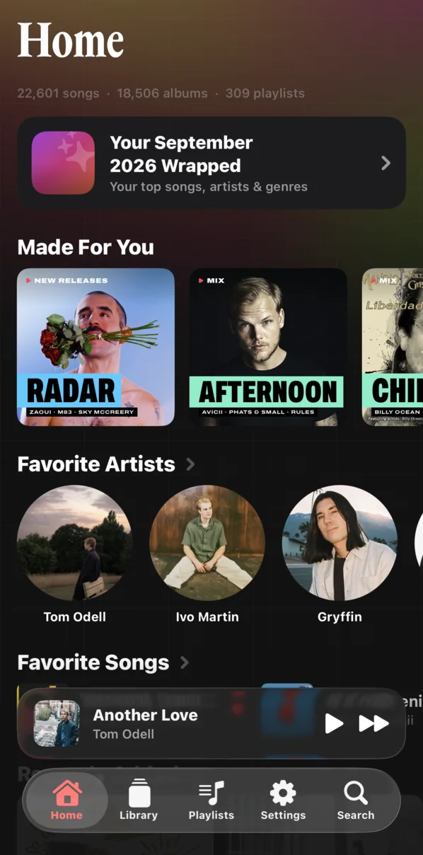 Home: mixes, favorites, recently added