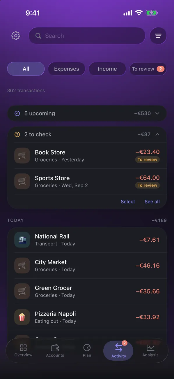 Transactions, with the ones to review