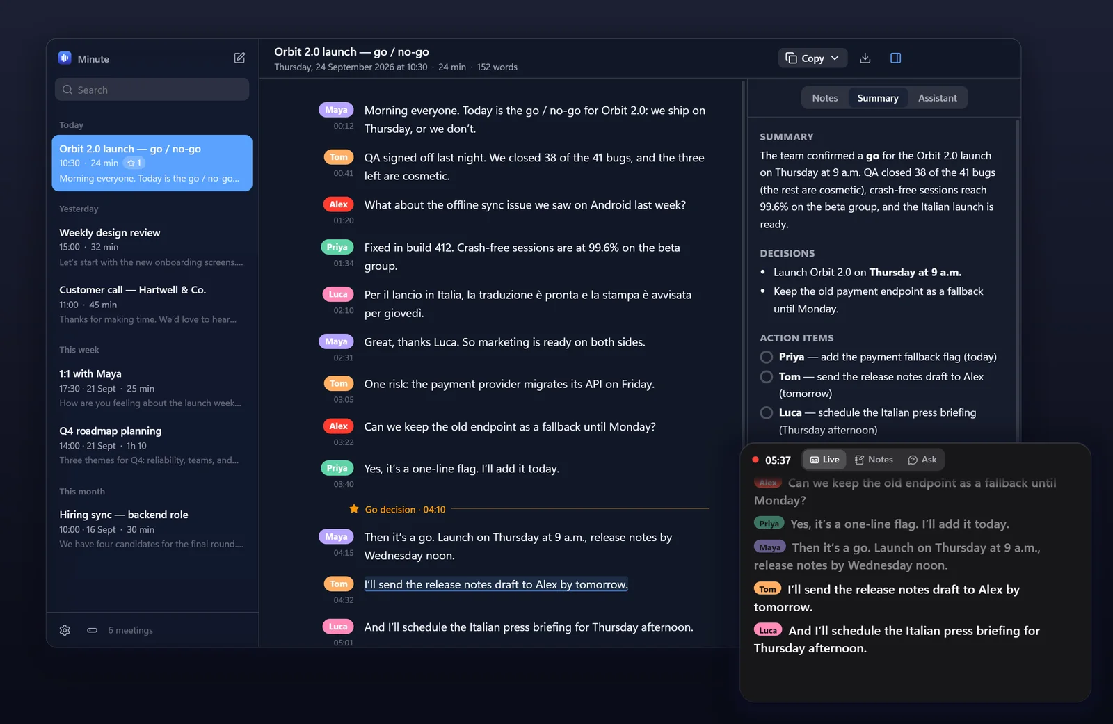 Minute's window: live transcript, named speakers, meeting summary