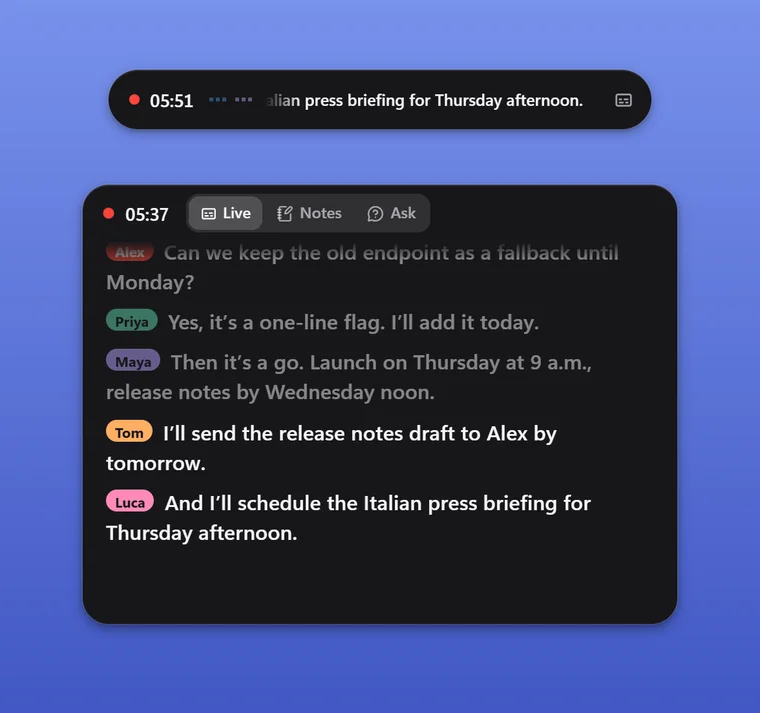 The Dynamic Island-style pill and live captions
