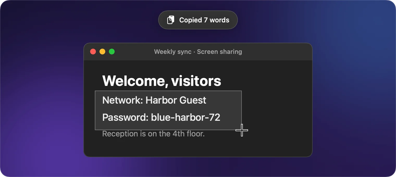 ⇧⌘7: the text of a made-up Wi-Fi welcome card, copied